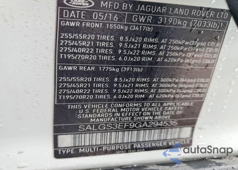 2016 Land Rover Range Rover Supercharged z USA, uszkodzony, nr VIN SALGS3EF9GA294535